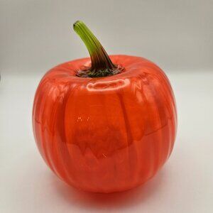 Blenko Handcrafted Art Glass Pumpkin – Orange w/ Green Stem – Hand Blown USA